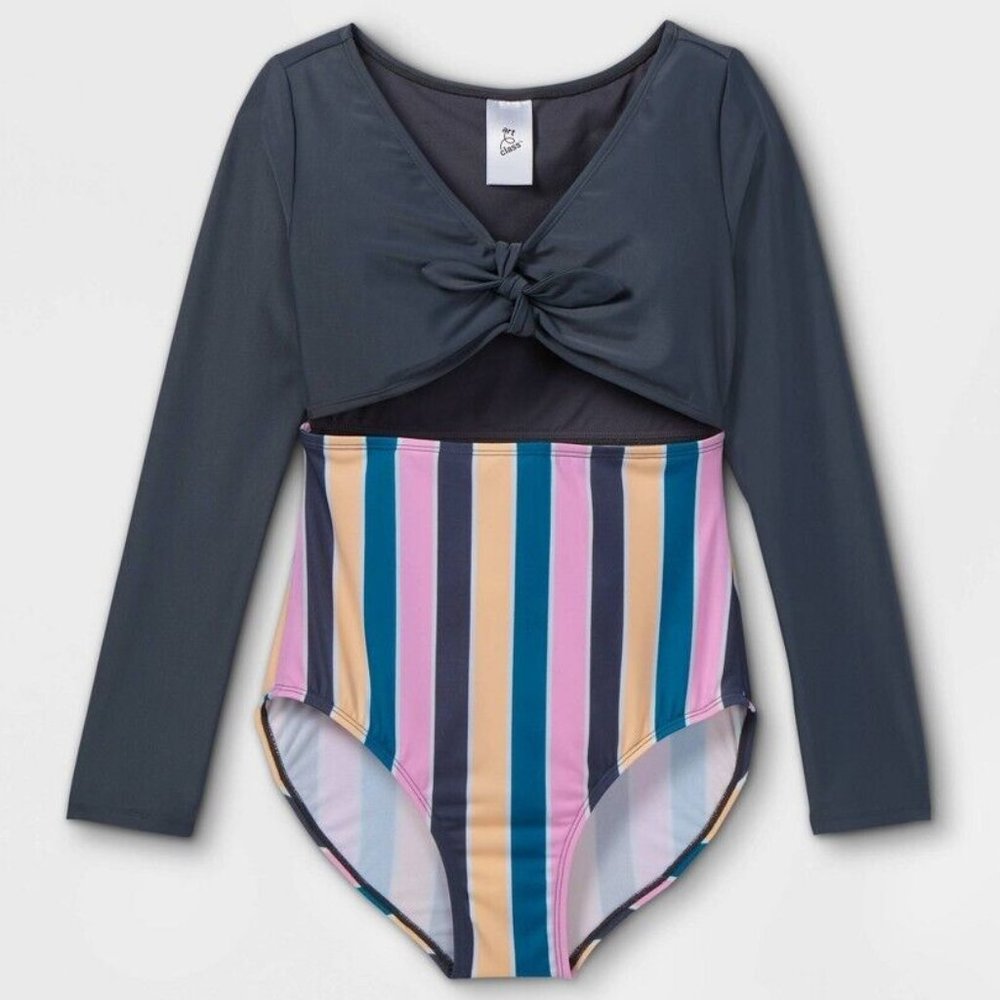 Art Class Girls' Long Sleeve Striped Tie-Top One Piece Swimsuit XS (4/5) NWT
